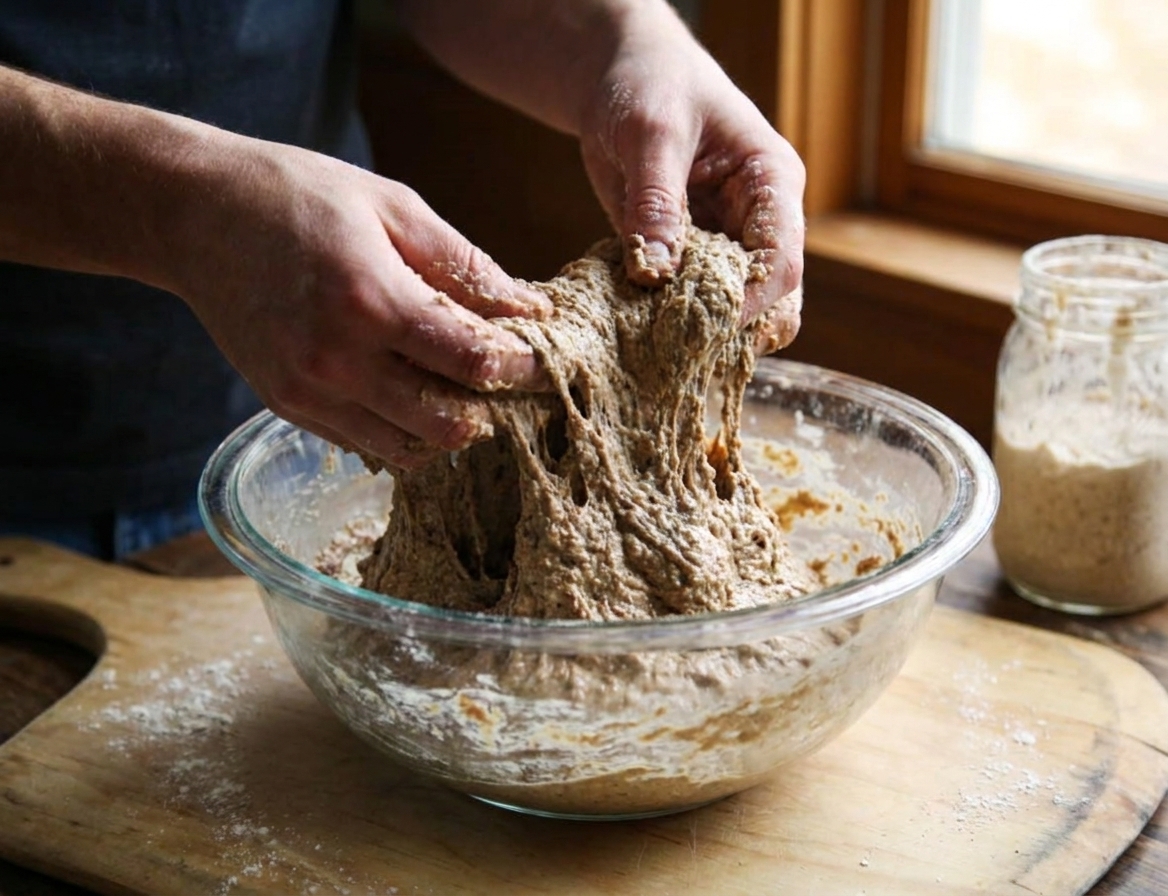 Hands lifting and folding a sticky rye sourdough dough inside a clear glass bowl on a kitchen counter