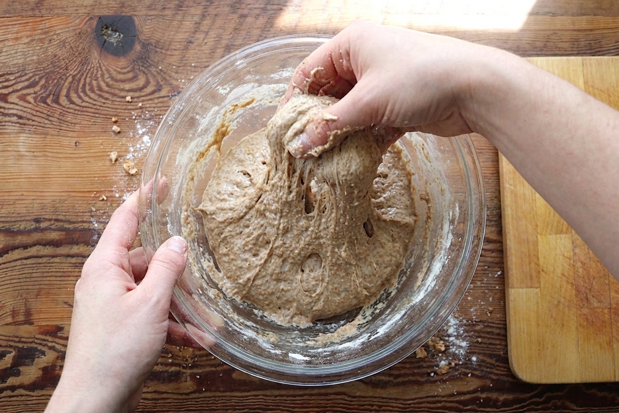 Hands lifting and folding sticky whole grain sourdough dough in a clear glass bowl on a kitchen counter