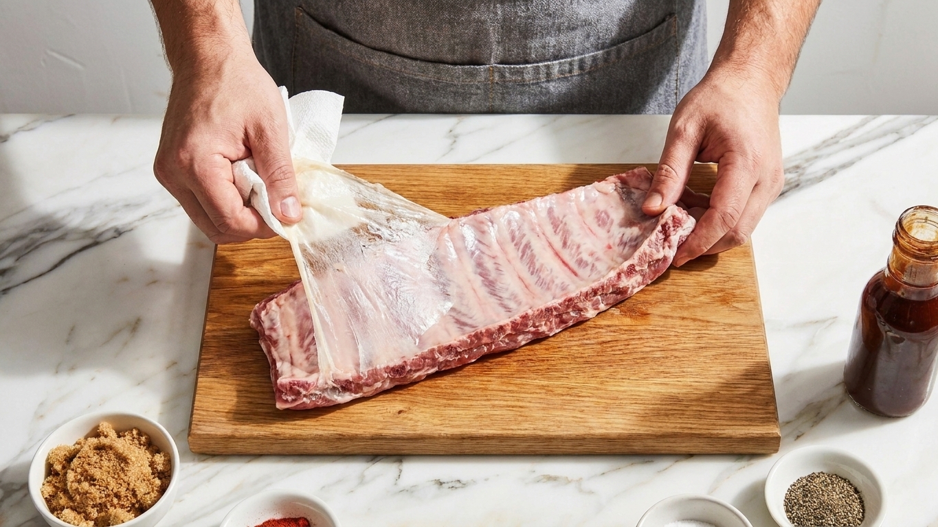 Hands lifting and peeling the thin membrane from the back of a rack of pork ribs on a cutting board