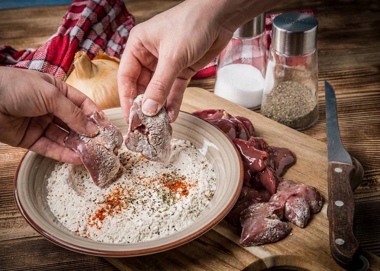 Hands lightly dredging chicken livers in seasoned flour in a shallow bowl on a kitchen counter