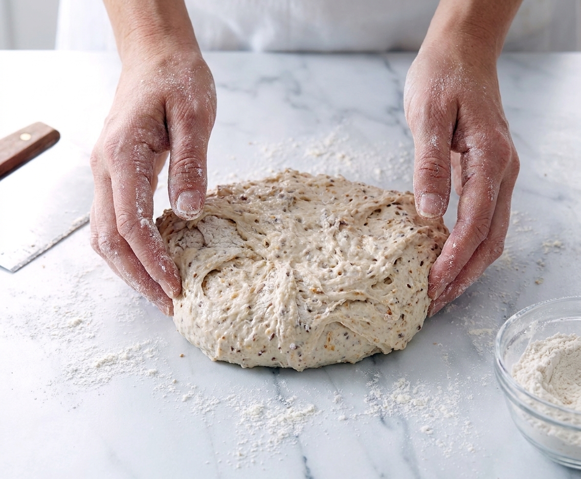 Hands lightly folding and shaping sticky no-knead bread dough on a floured countertop