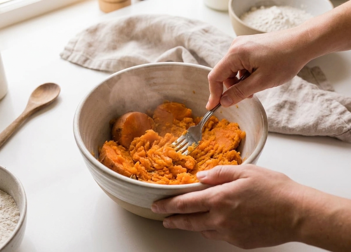 Hands mashing cooked sweet potato with a fork in a mixing bowl on a bright kitchen counter