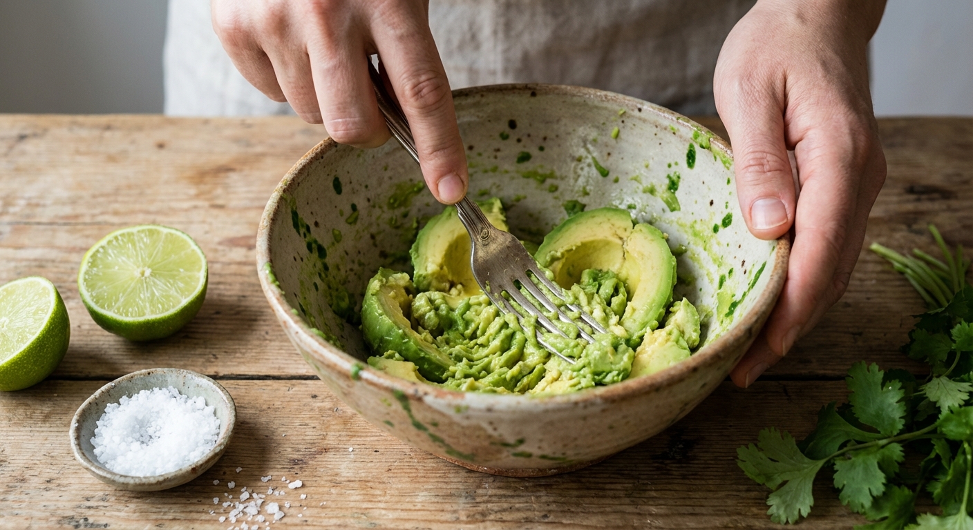 Hands mashing ripe avocados with a fork in a ceramic bowl with lime and salt nearby
