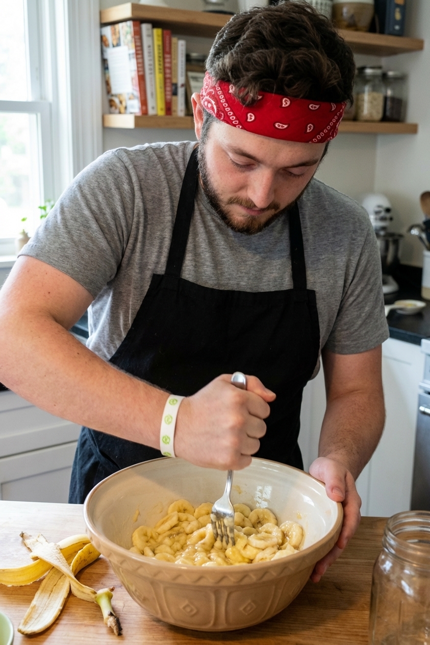 Hands mashing ripe bananas in a mixing bowl with a fork