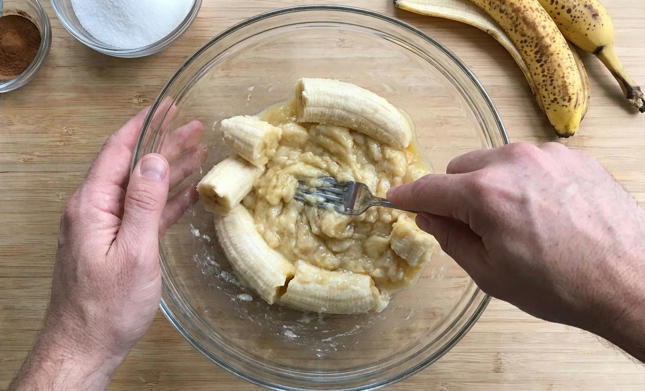 Hands mashing ripe bananas with a fork in a large mixing bowl on a light countertop