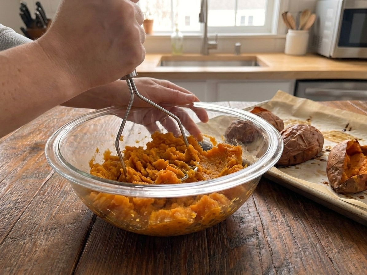 Hands mashing roasted sweet potato flesh in a mixing bowl with a potato masher on a kitchen counter