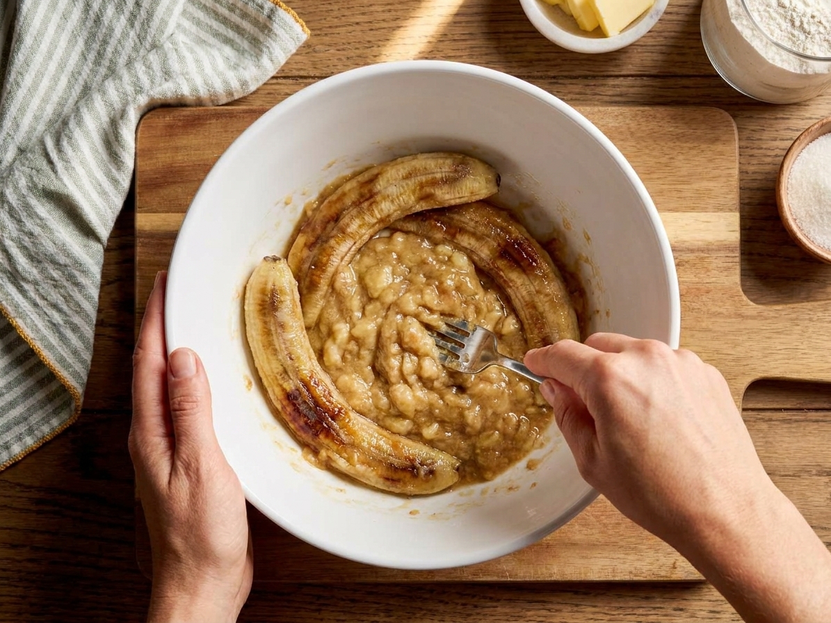 Hands mashing very ripe bananas with a fork in a white mixing bowl on a kitchen counter