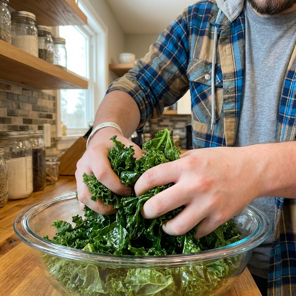 Hands massaging chopped kale in a large mixing bowl until it turns darker and glossy