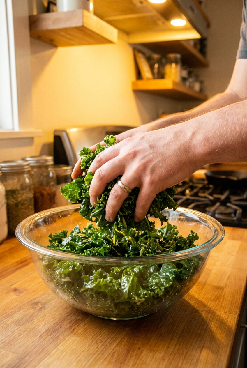 Hands massaging chopped kale with a glossy lemon dressing in a mixing bowl under warm kitchen lighting