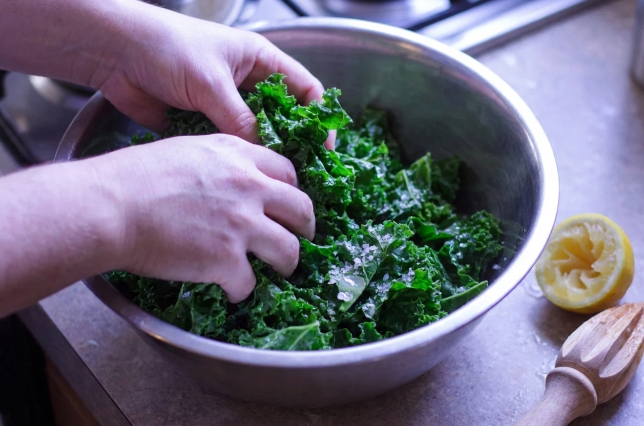 Hands massaging chopped kale with salt and lemon juice in a mixing bowl on a kitchen counter