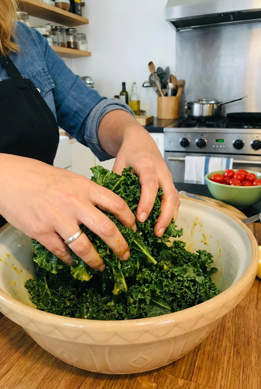Hands massaging curly kale with lemon dressing in a large mixing bowl