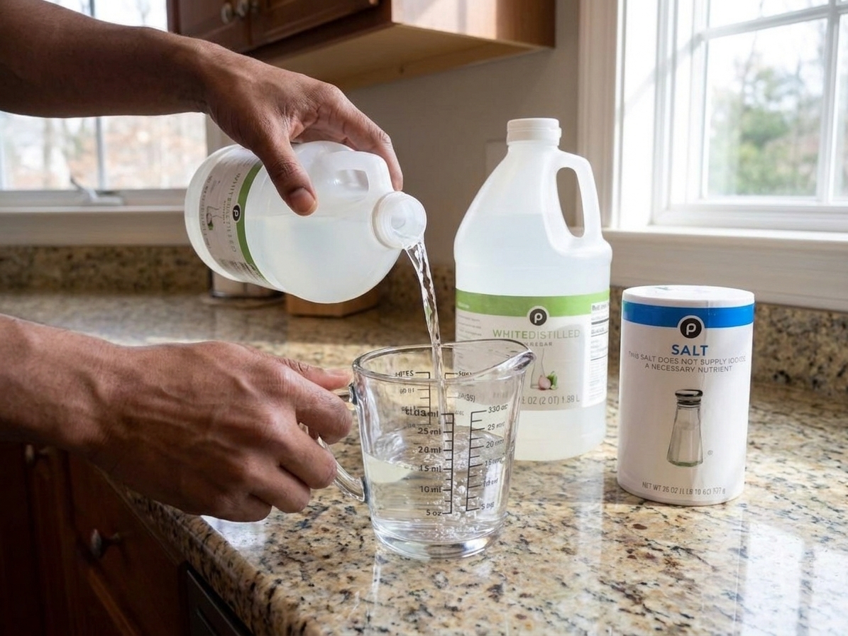 Hands measuring white vinegar into a glass measuring cup on a clean kitchen counter with sunlight coming through a window
