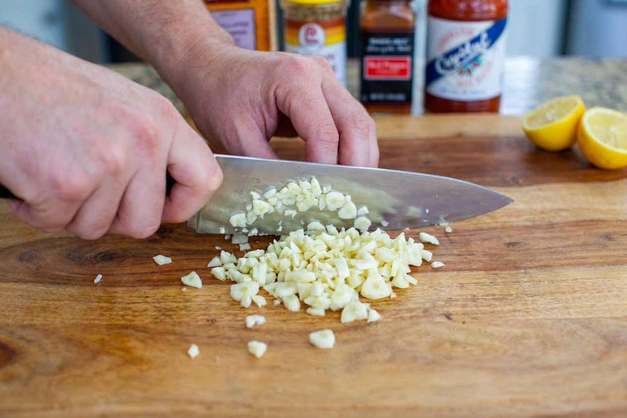 Hands mincing a pile of fresh garlic on a wooden cutting board in a home kitchen