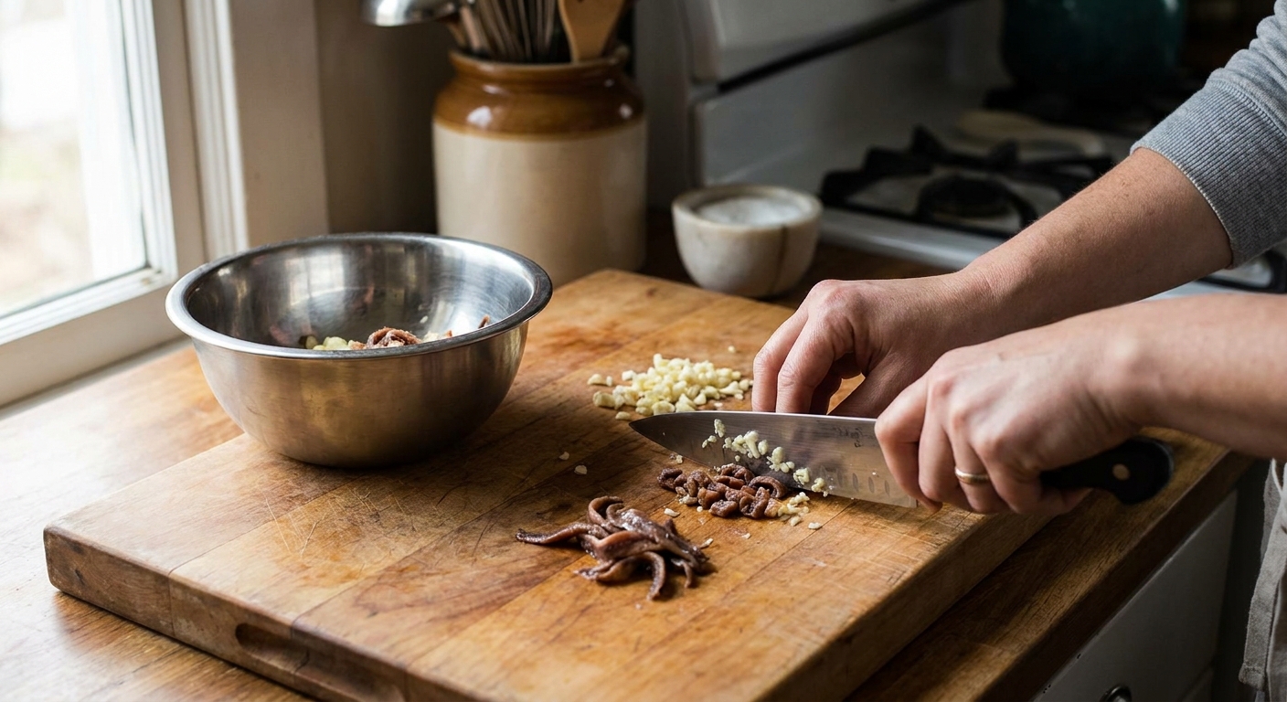 Hands mincing anchovy fillets and grated garlic on a cutting board next to a mixing bowl on a home kitchen counter