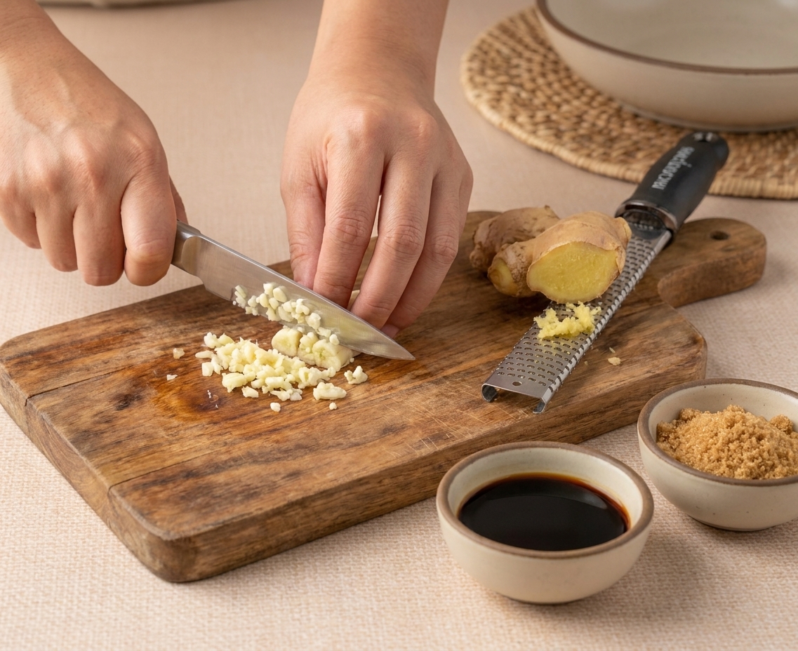 Hands mincing garlic and grating fresh ginger on a cutting board beside small bowls of soy sauce and brown sugar