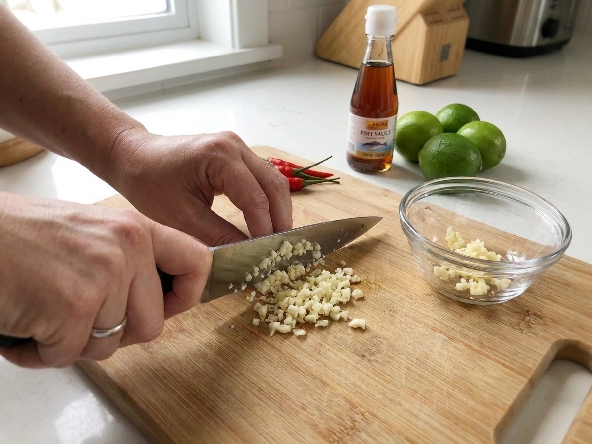 Hands mincing garlic on a cutting board next to a small bowl, with limes and fish sauce nearby on a kitchen counter
