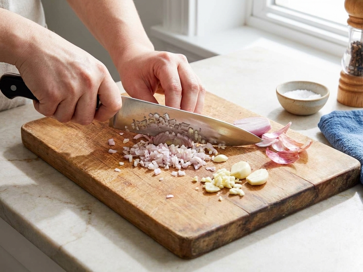 Hands mincing shallot and garlic on a wooden cutting board with a chef’s knife on a bright kitchen counter