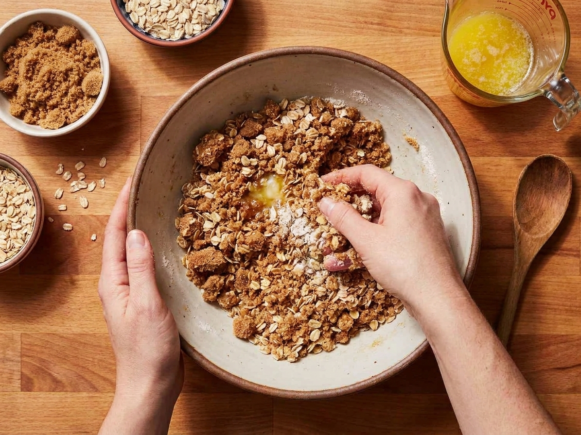 Hands mixing a brown sugar and oatmeal crumble topping with melted butter in a bowl on a warm-toned kitchen counter