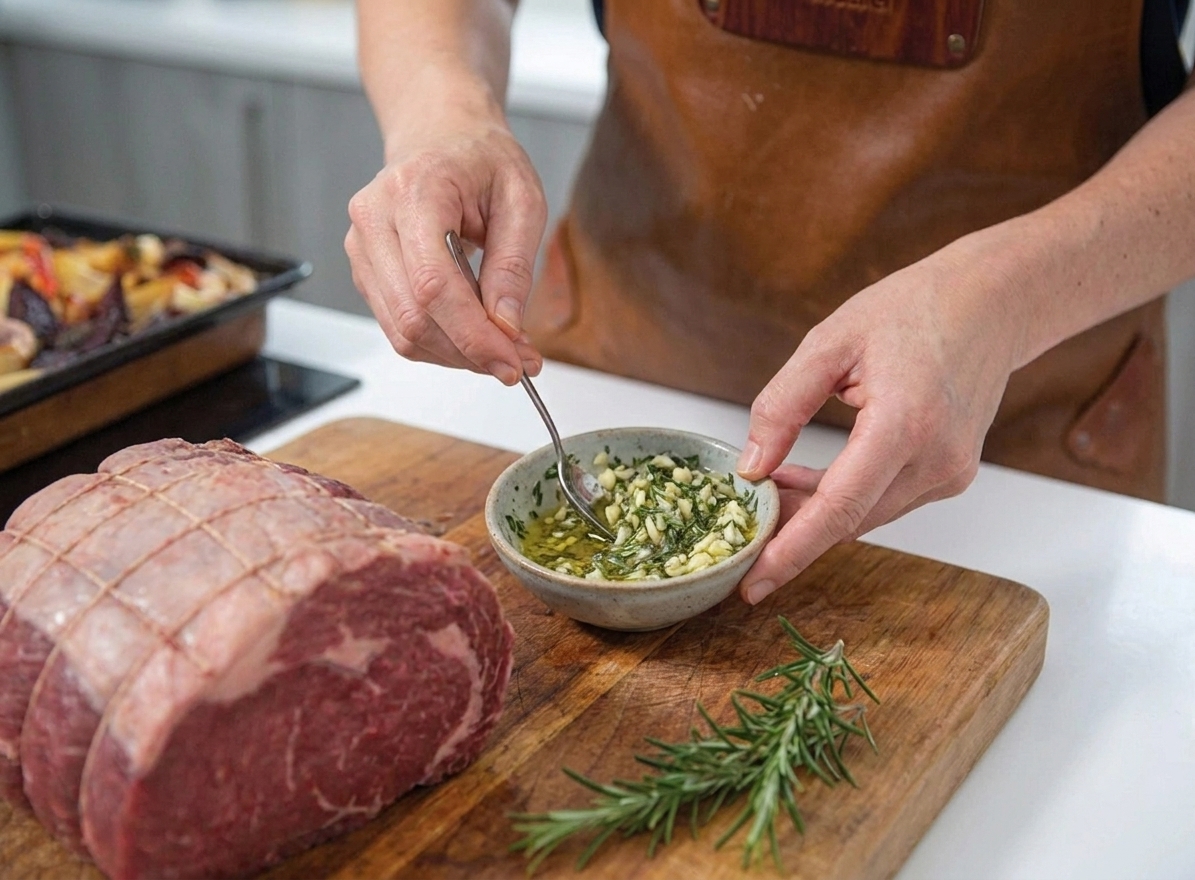 Hands mixing a garlic herb seasoning paste in a small bowl next to a raw beef roast on a cutting board