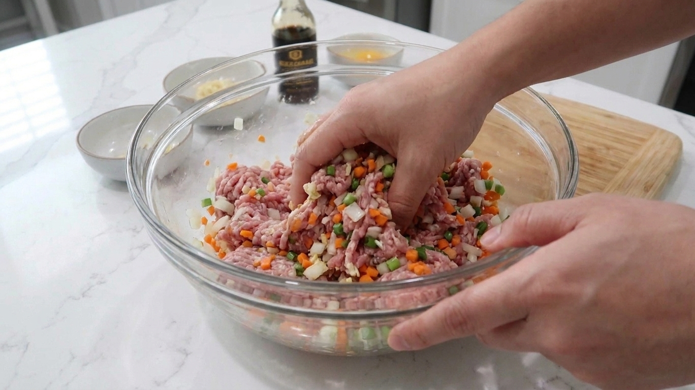 Hands mixing a pork and vegetable lumpia filling in a clear bowl on a kitchen counter, with ingredients evenly combined
