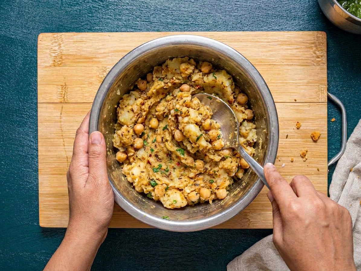 Hands mixing a spiced potato and chickpea filling in a bowl with a spoon on a kitchen counter