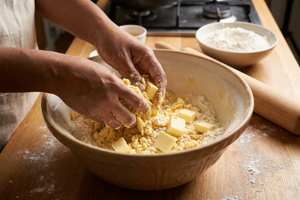 Hands mixing a yellow-tinted pastry dough in a large bowl on a kitchen counter, with visible cold butter pieces