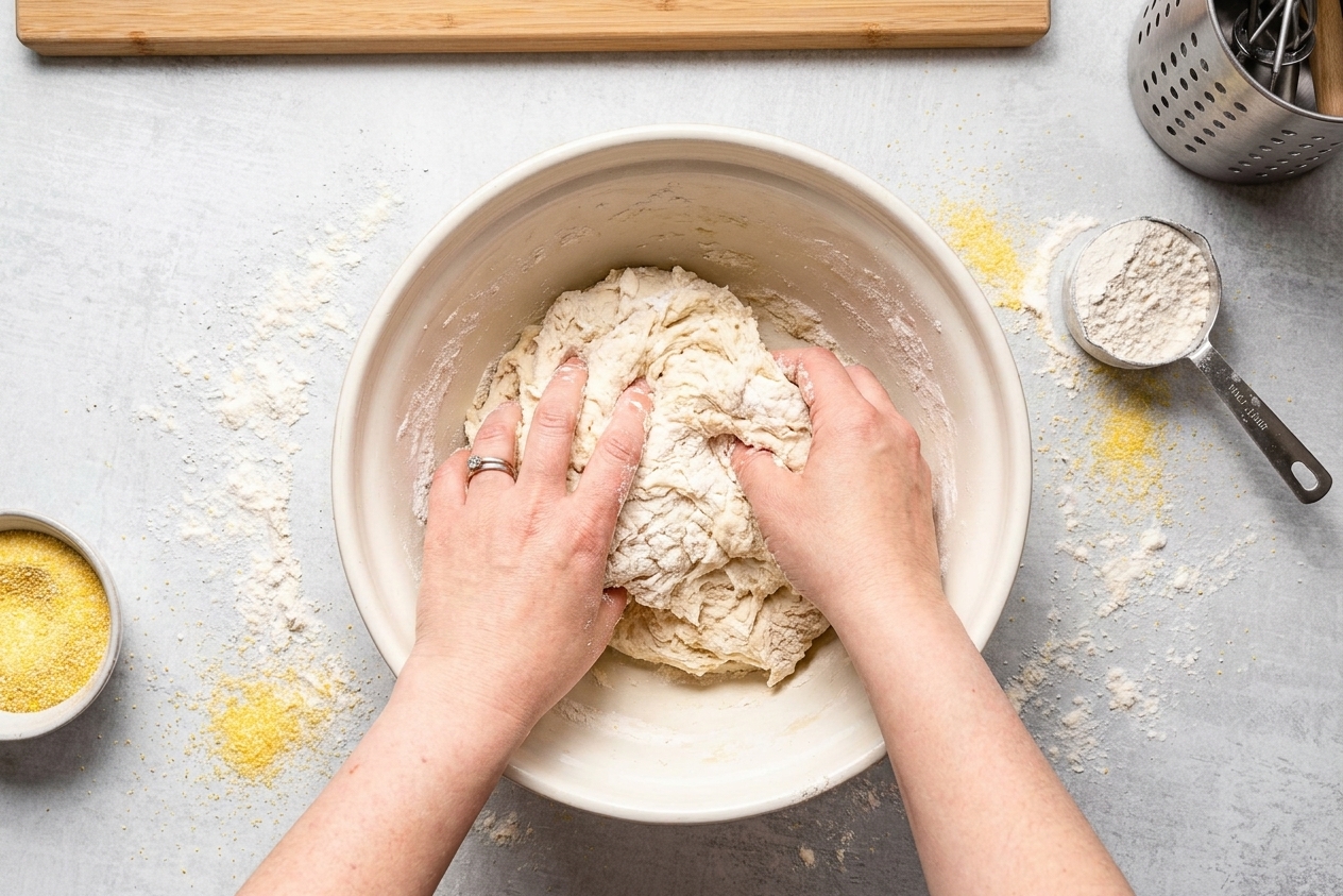 Hands mixing deep dish pizza dough in a large bowl on a kitchen counter, with flour and cornmeal visible