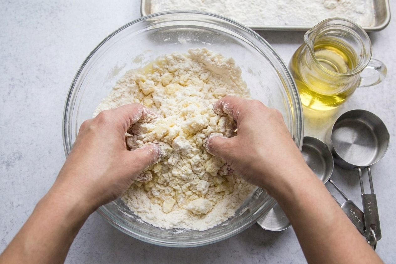 Hands mixing flour and oil together in a glass bowl until it becomes fluffy, crumbly cloud dough on a bright kitchen counter