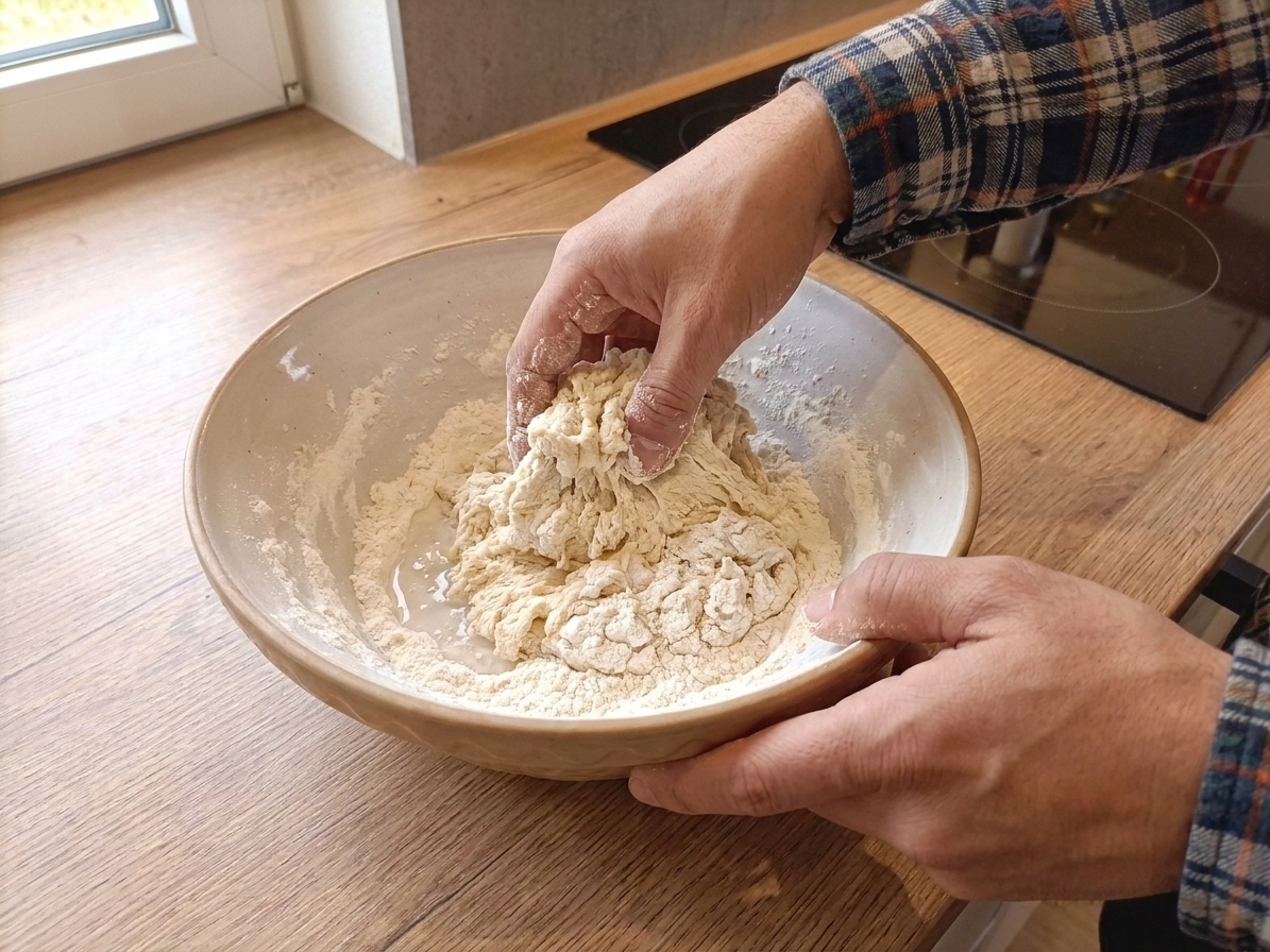 Hands mixing fry bread dough in a large bowl with flour and water, forming a shaggy dough on a kitchen counter