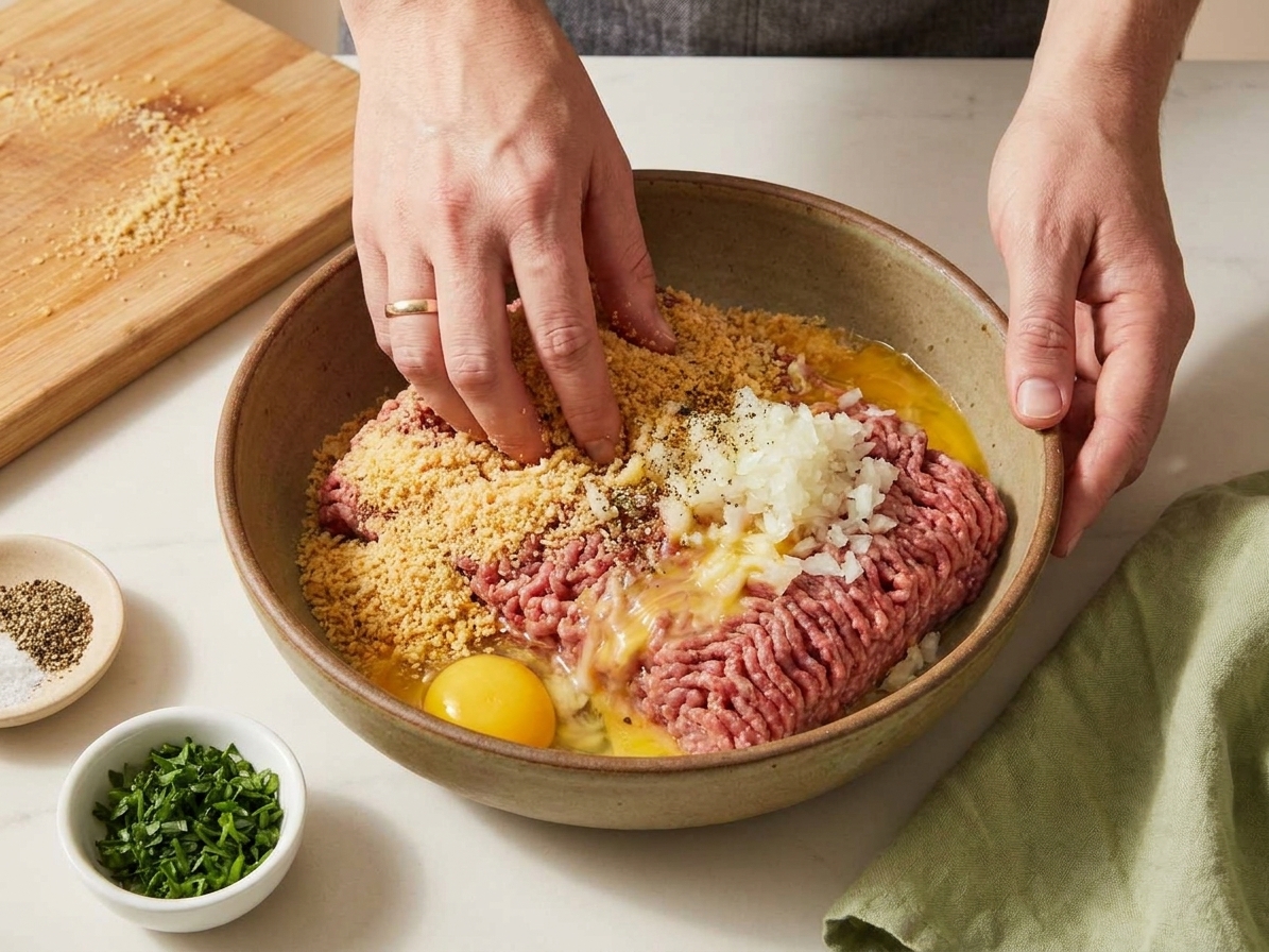 Hands mixing ground beef, breadcrumbs, egg, grated onion, and seasonings in a large ceramic bowl on a kitchen counter