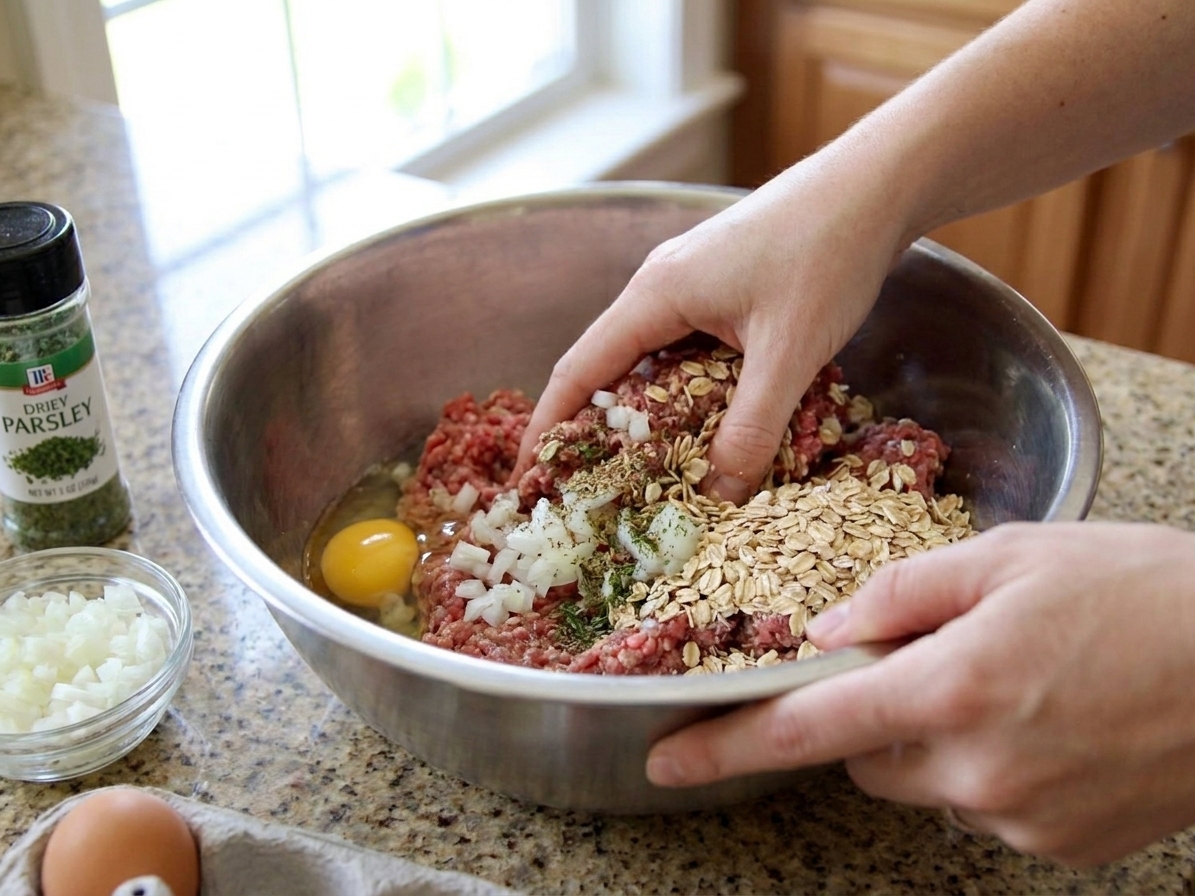 Hands mixing ground beef, rolled oats, egg, onion, and seasonings in a large metal bowl on a bright kitchen counter