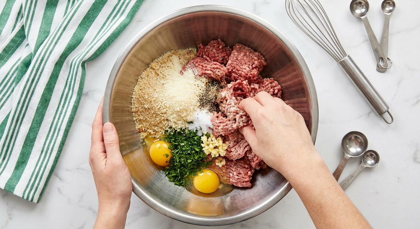 Hands mixing ground meat, breadcrumbs, Parmesan, egg, and herbs in a stainless steel bowl on a kitchen counter
