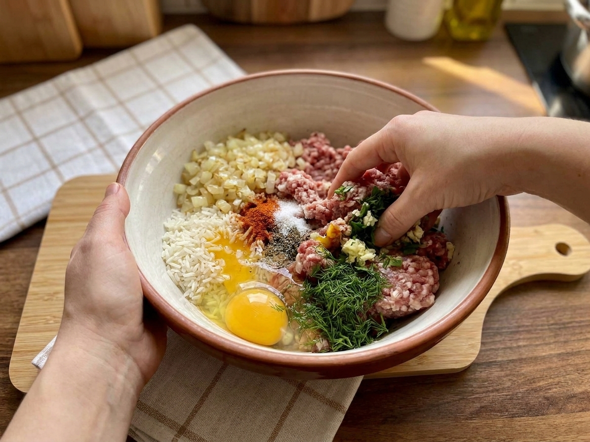 Hands mixing ground meat, rice, sautéed onions, egg, and herbs in a large mixing bowl on a kitchen counter