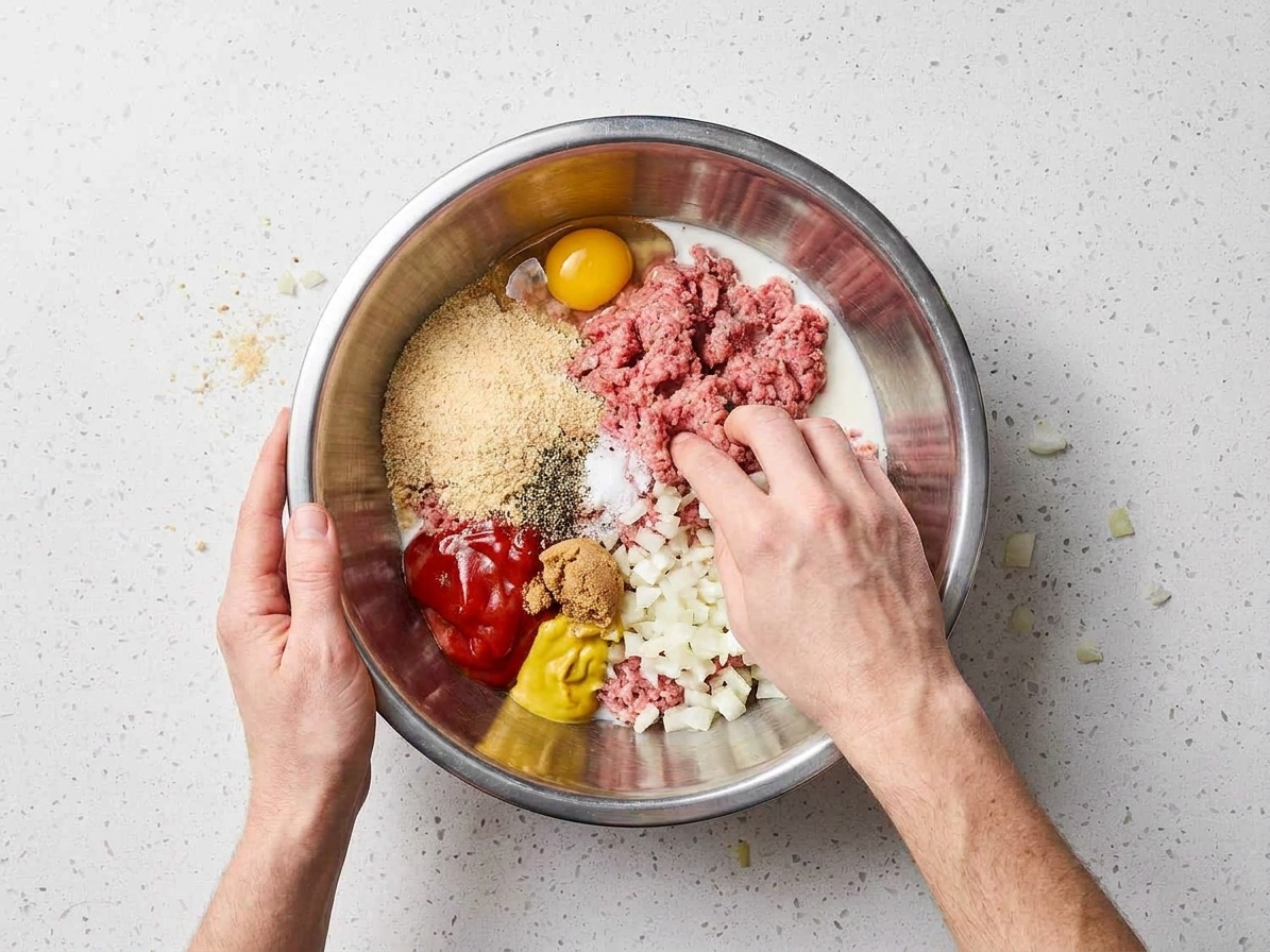 Hands mixing ground meat with breadcrumbs, eggs, onions, and seasonings in a large stainless steel bowl on a kitchen counter