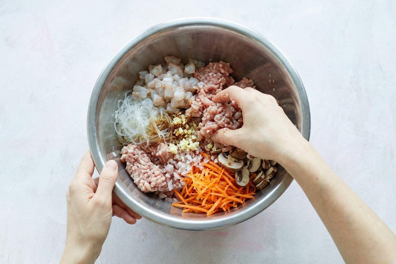 Hands mixing ground pork, minced shrimp, chopped glass noodles, shredded vegetables, and seasonings together in a large stainless steel bowl