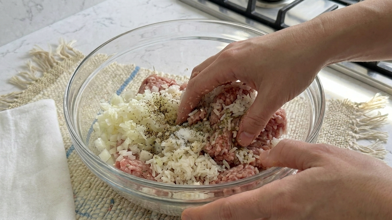 Hands mixing ground pork, rice, onion, and seasonings in a bowl on a kitchen counter