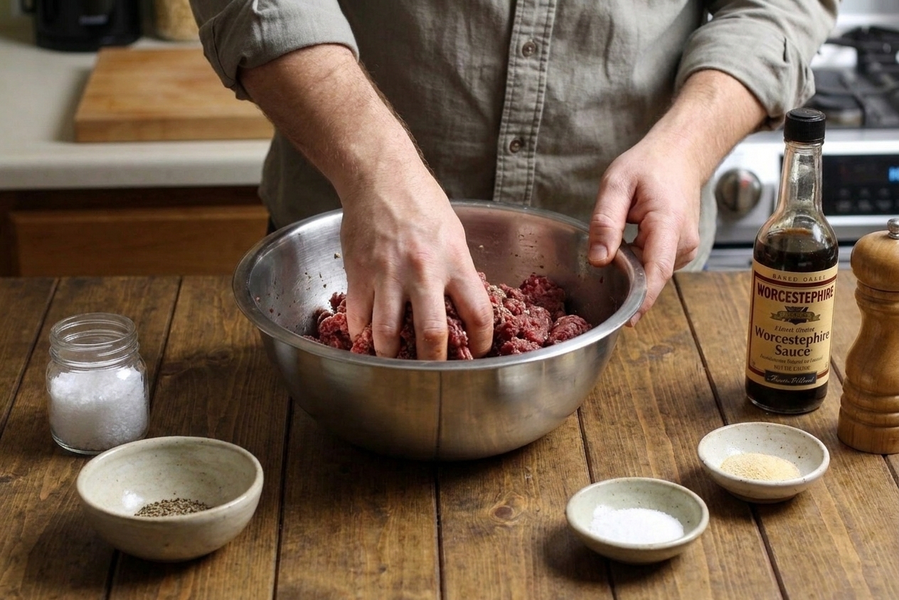 Hands mixing ground venison with seasonings in a stainless steel bowl on a kitchen counter, ingredients nearby