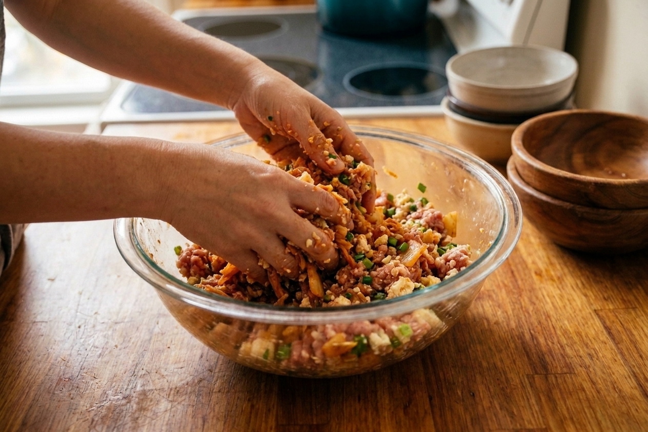 Hands mixing pork and kimchi dumpling filling in a large glass bowl on a kitchen counter
