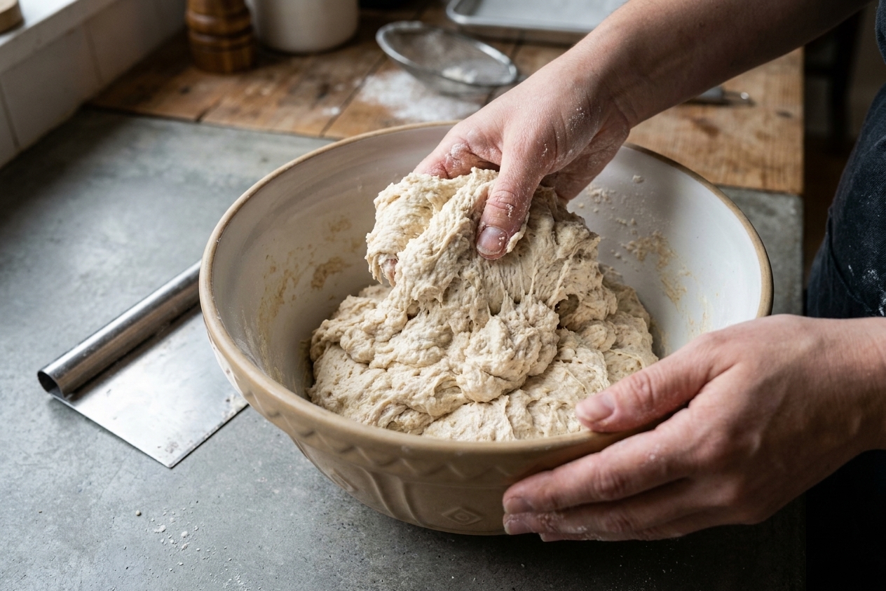 Hands mixing shaggy sourdough dough in a large mixing bowl with a dough scraper on the counter
