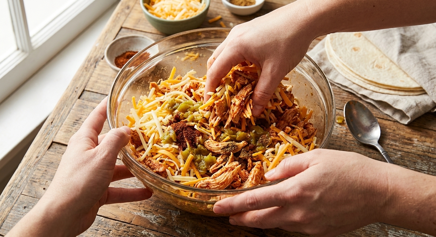 Hands mixing shredded chicken, cheese, green chiles, and spices in a glass bowl on a kitchen counter