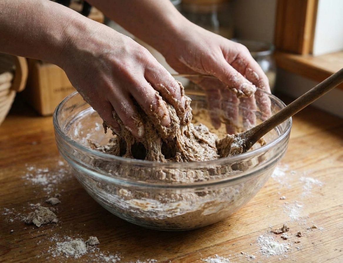 Hands mixing sticky sourdough rye dough in a large glass bowl on a home kitchen counter
