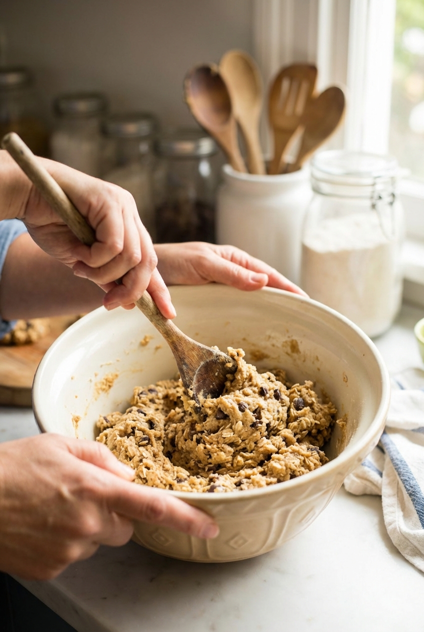 Hands mixing vegan cookie dough in a large bowl with a wooden spoon