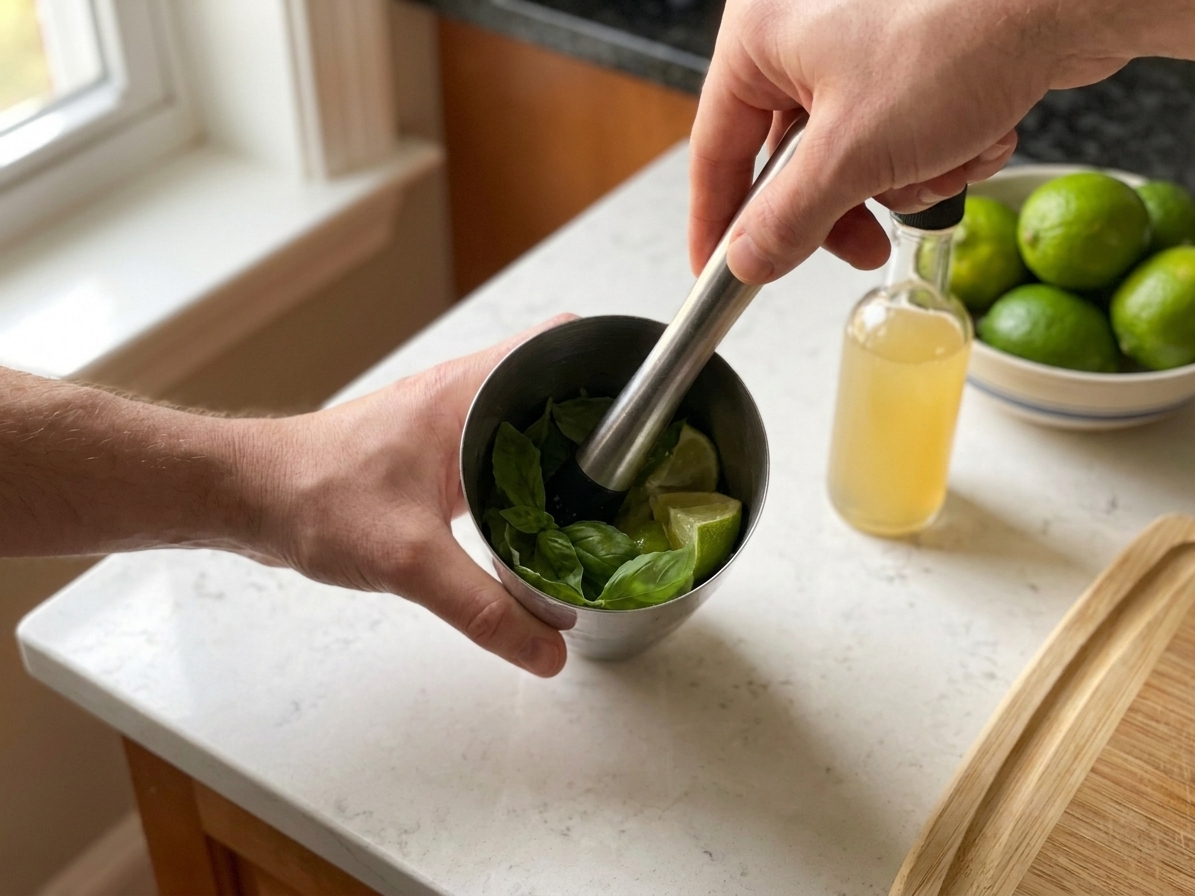 Hands muddling fresh basil leaves with lime juice in a cocktail shaker on a light kitchen counter