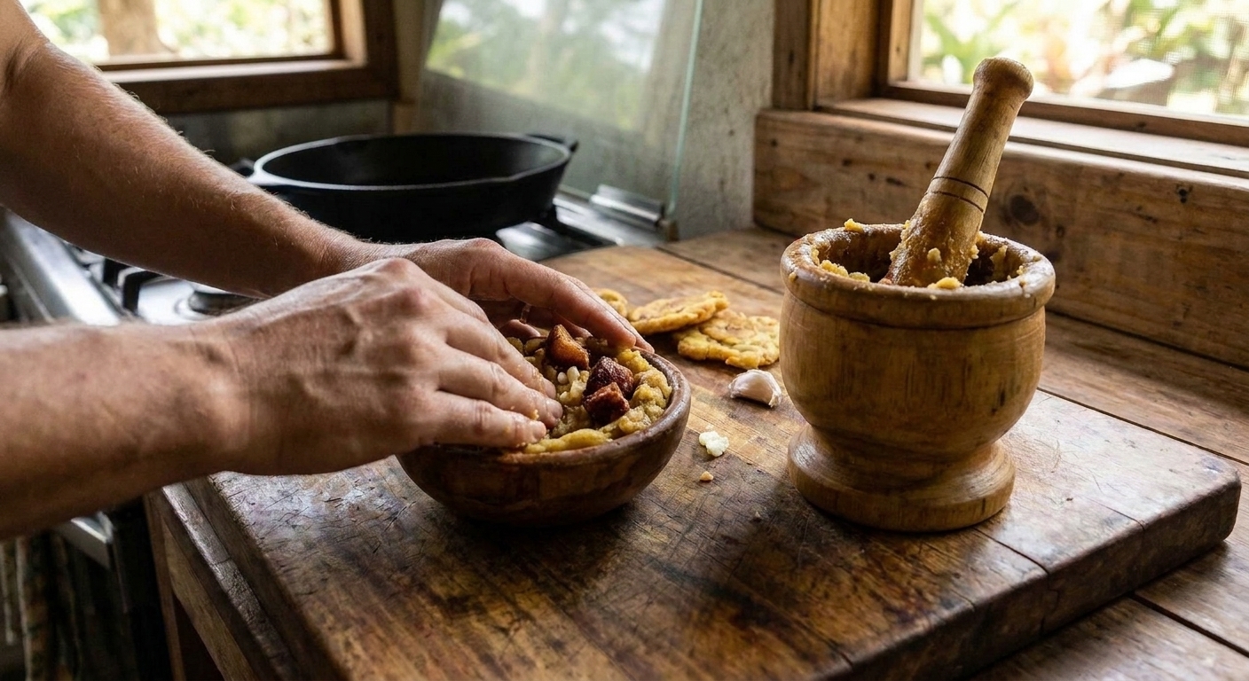 Hands packing garlicky mashed plantains with chicharrón into a small bowl to shape mofongo on a kitchen counter
