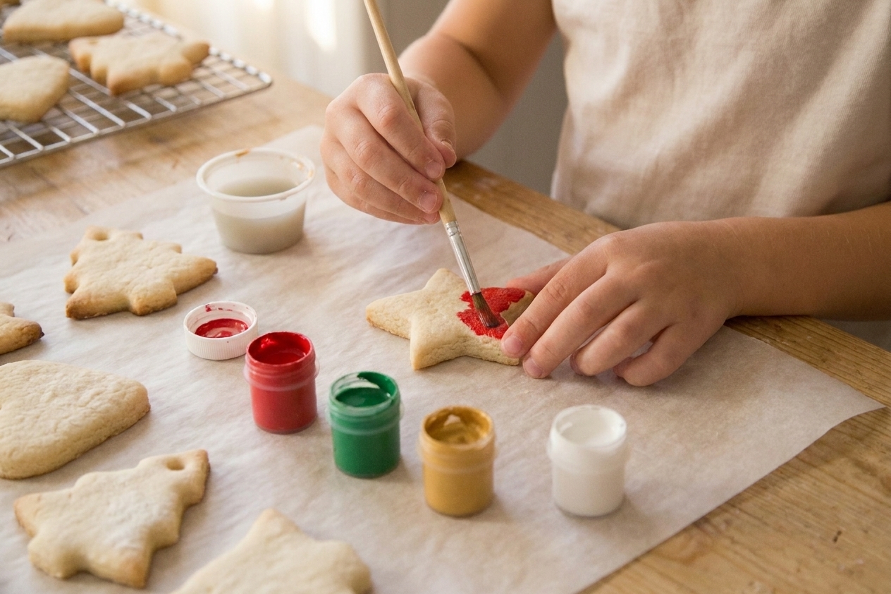 Hands painting a dry salt dough ornament with acrylic paint on a parchment-covered kitchen table