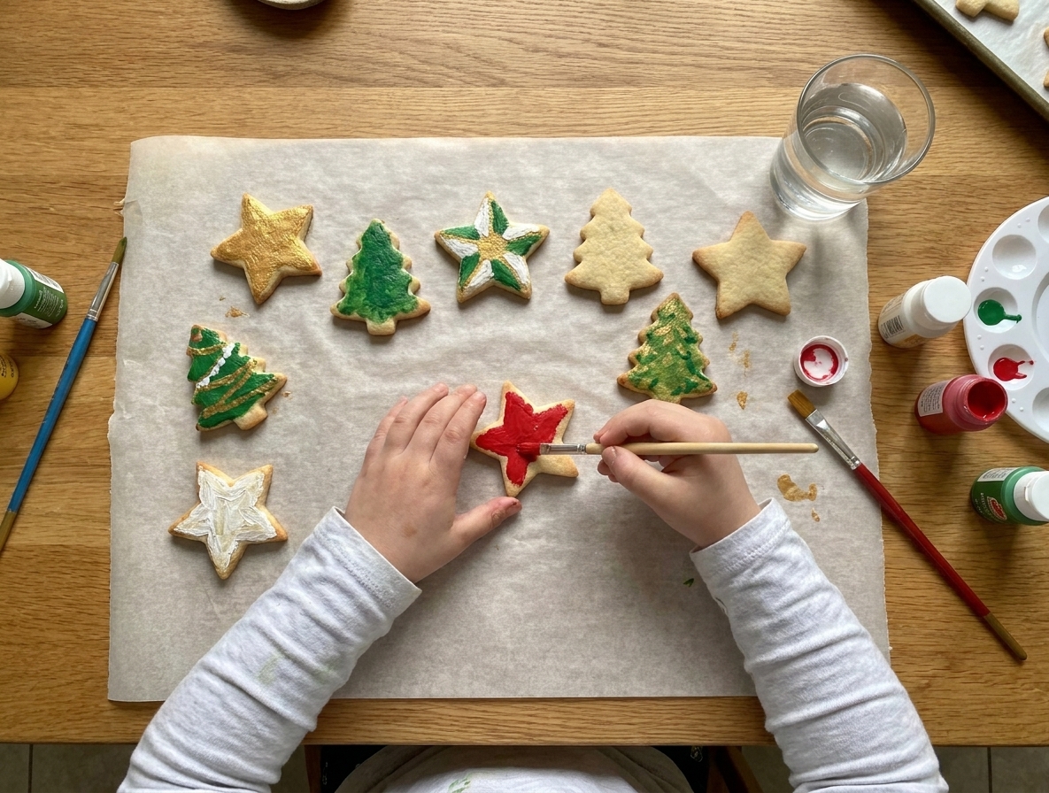 Hands painting baked salt dough ornaments with acrylic paint on a kitchen table covered with parchment paper