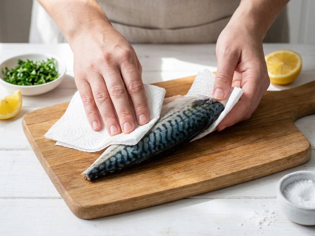 Hands patting a mackerel fillet dry with paper towels on a cutting board, skin-side up in a bright home kitchen