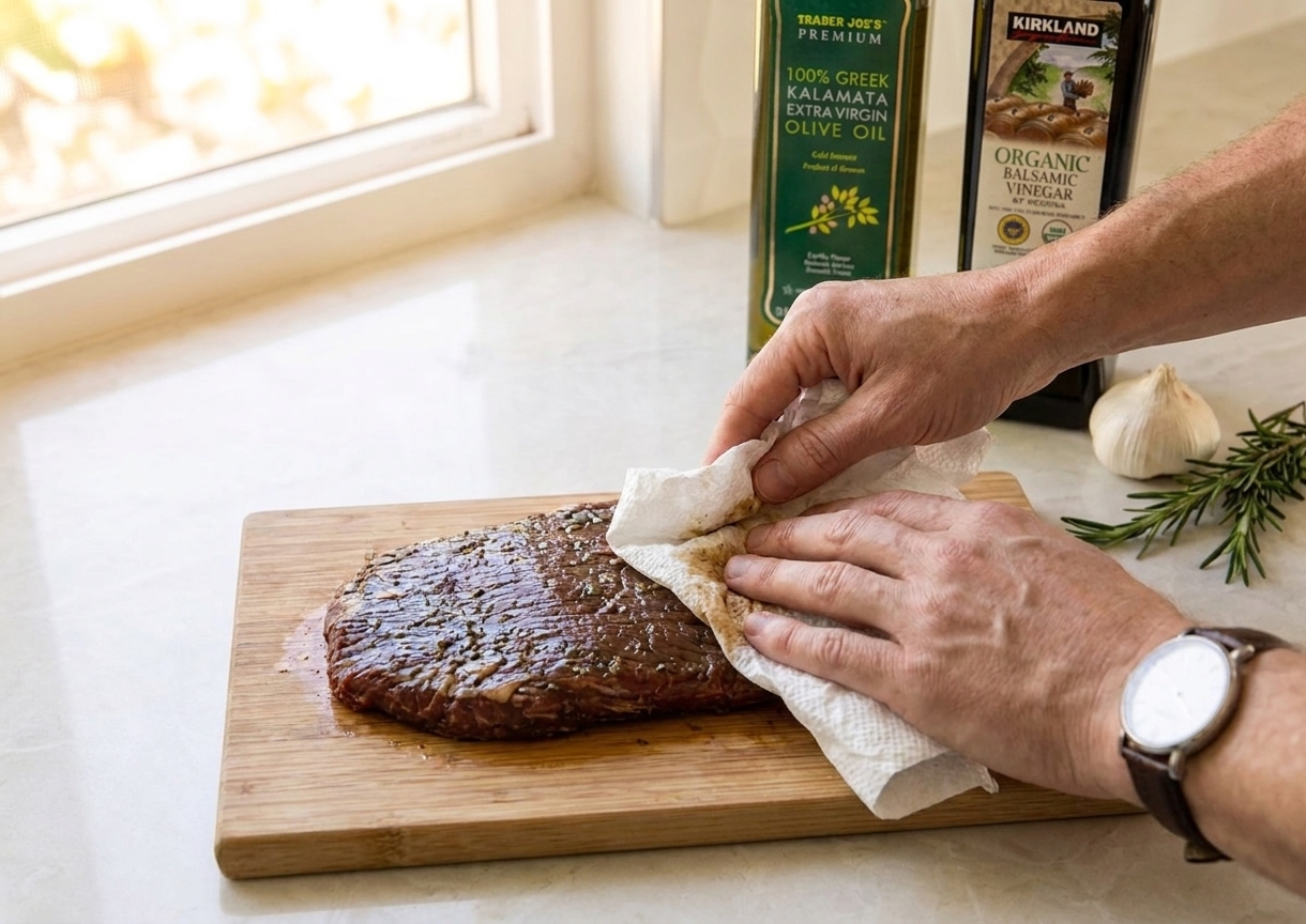 Hands patting a marinated steak dry with paper towels on a cutting board