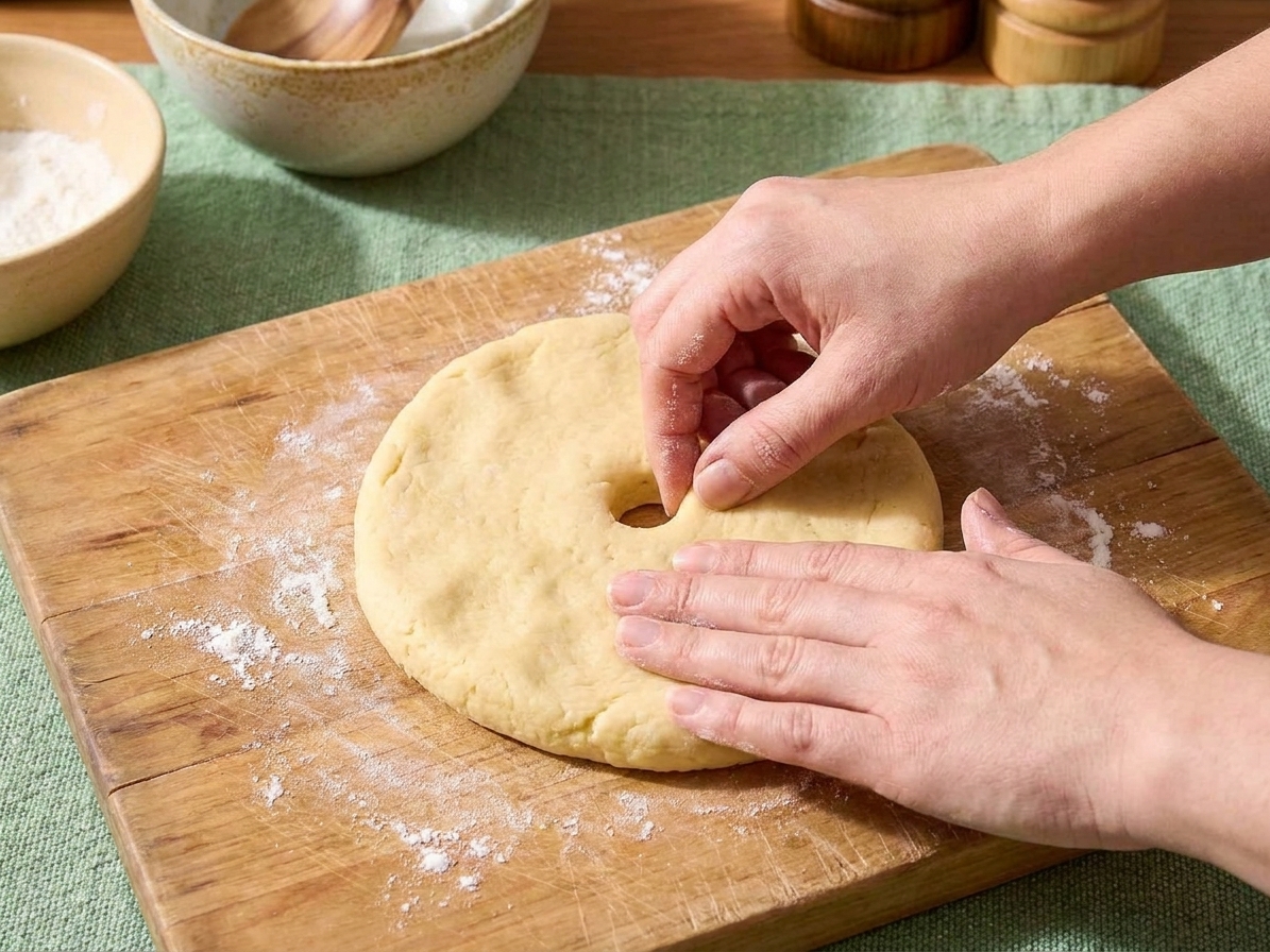Hands patting a portion of dough into a round on a lightly floured wooden cutting board with a small thumb hole in the center