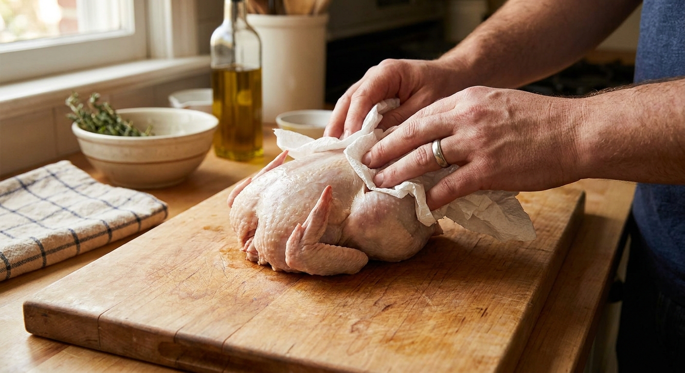 Hands patting a raw Cornish game hen dry with paper towels on a cutting board